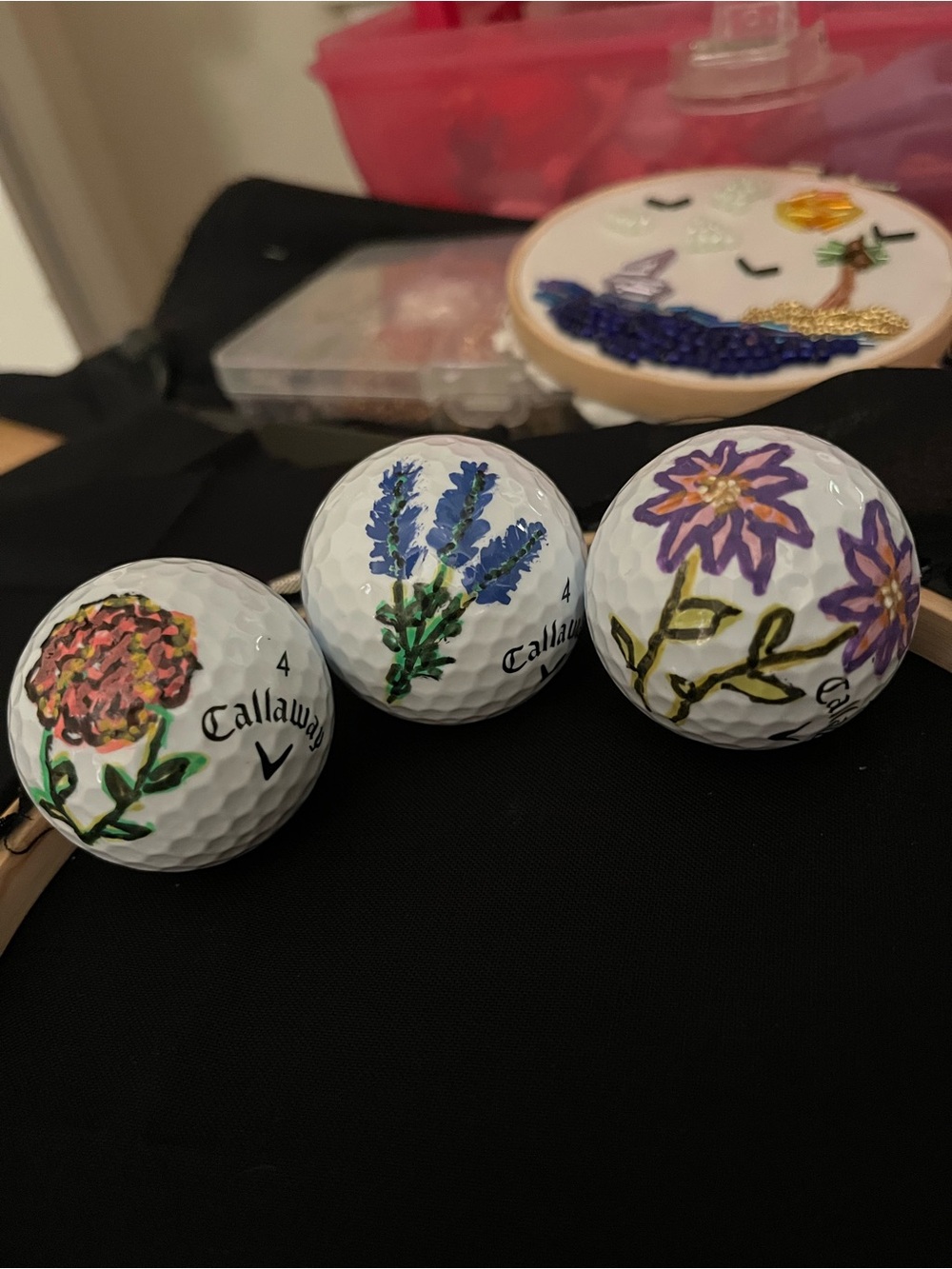 Callaway Hand-Painted Floral Golf Ball Trio in Purple, Blue, Pink and Green.